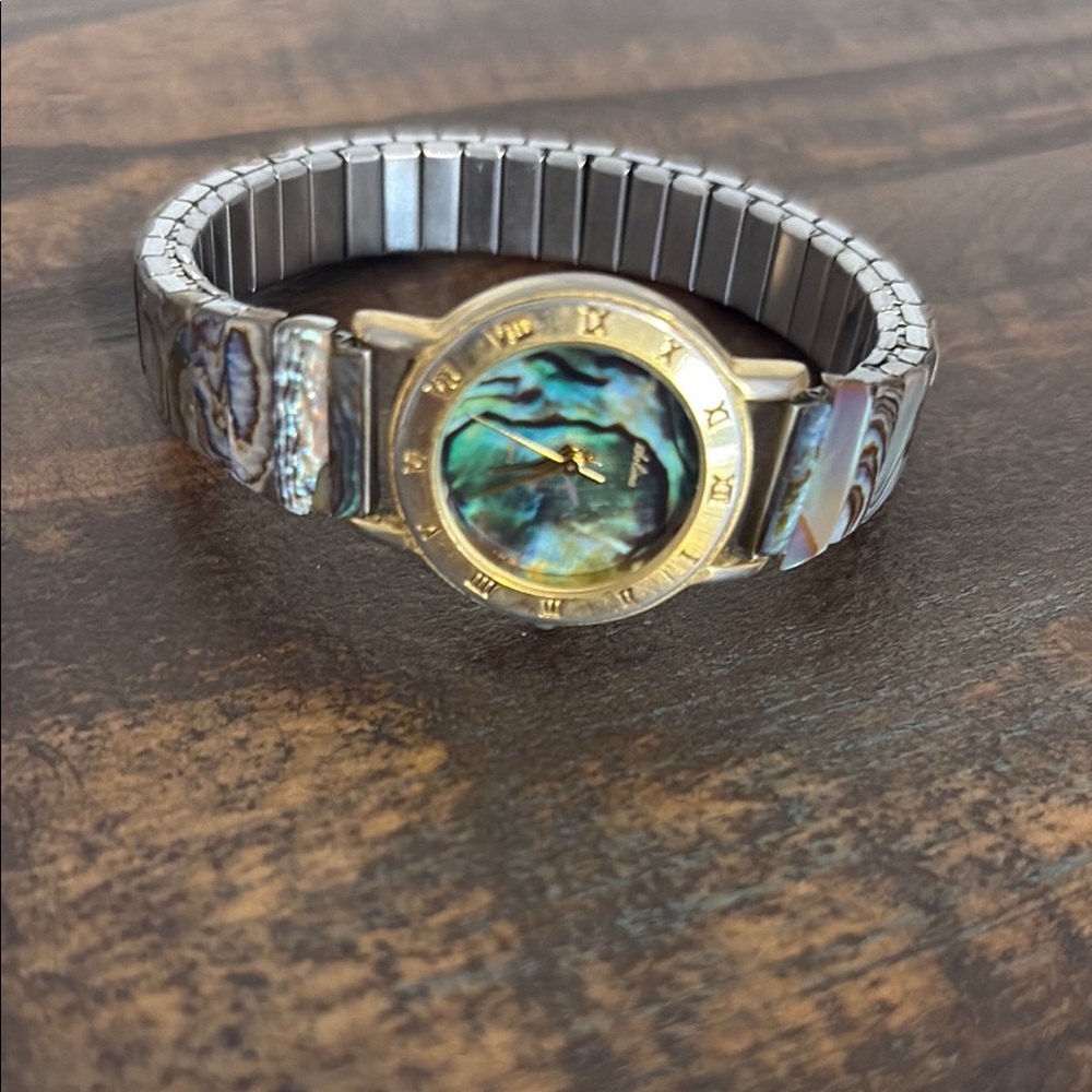 Vintage Abalone Watch Women Gold Tone Abalone Stretch Band